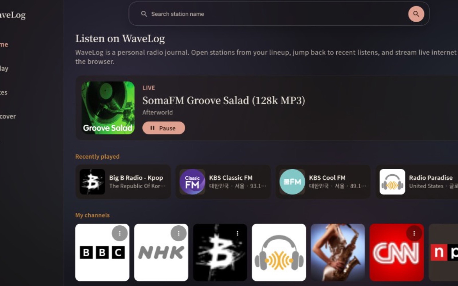 WaveLog home screen with live radio, recently played stations, and my channels