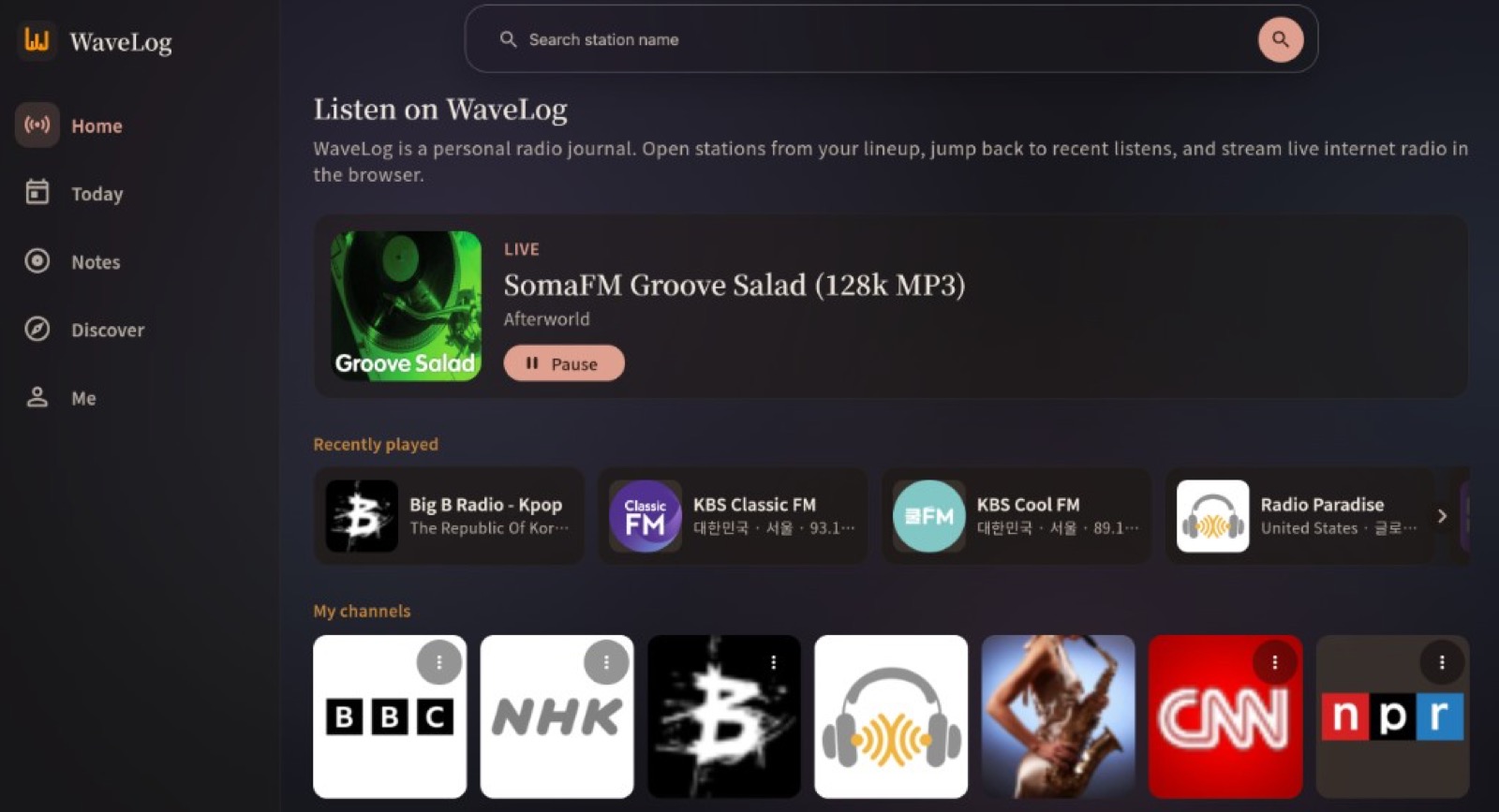 WaveLog home screen with live radio, recently played stations, and my channels